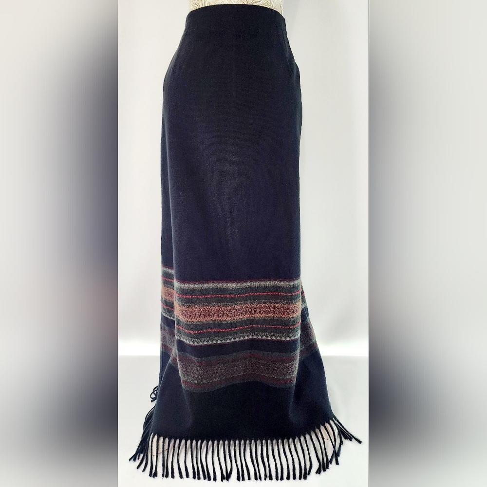 Sheri Martin Black Midi Skirt with Multi-Color Stripes and Fringe